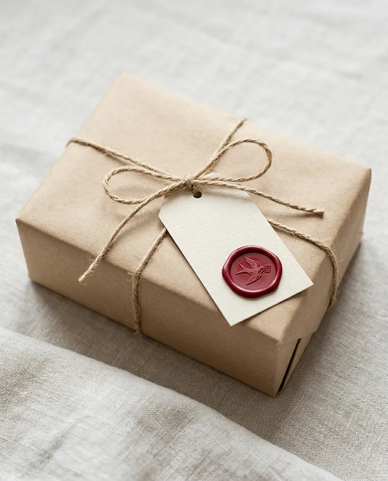 Geschenk in Packpapier mit rot gesiegeltem Anhänger
