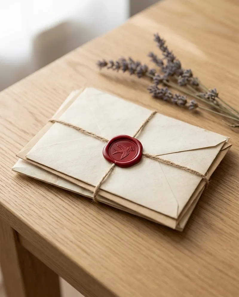 Gebündelte Briefe mit rotem Siegel und Lavendel