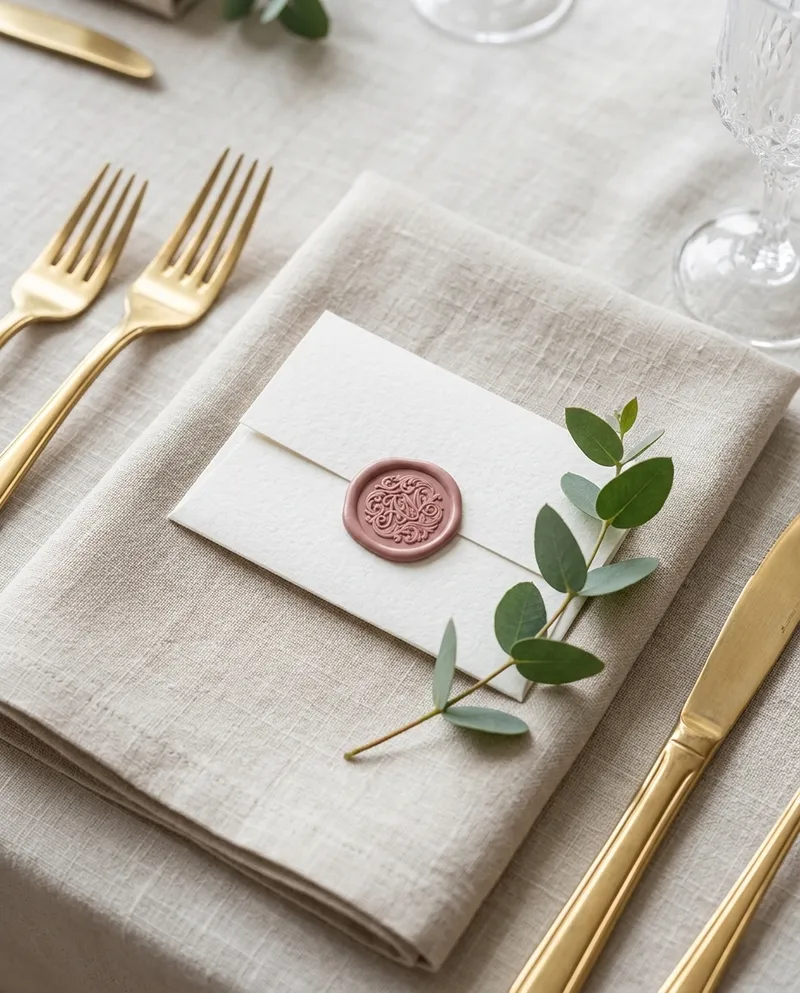 Gedeckter Hochzeitstisch mit gesiegelter Menükarte