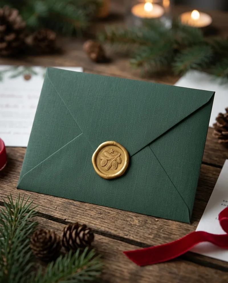 Grüner Weihnachtsumschlag mit goldenem Siegel zwischen Tannenzweigen