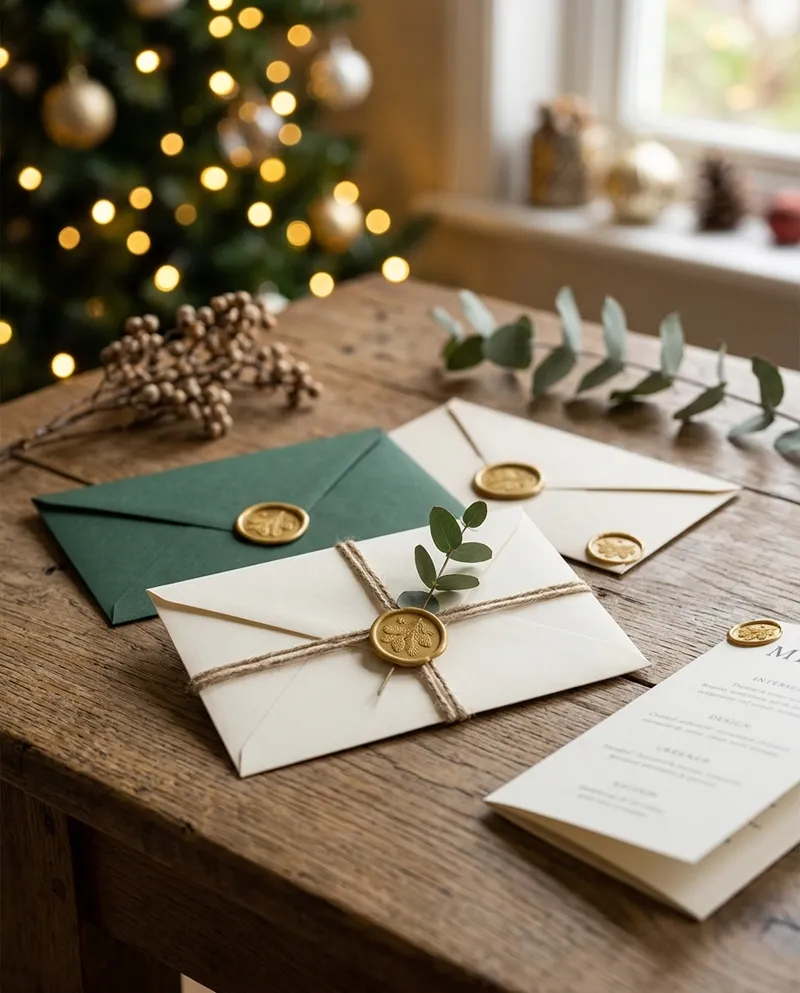 Weihnachtskarten mit goldenen Siegeln, mit Kordel gebunden